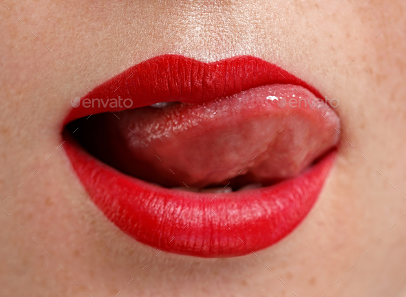 Woman S Mouth With Tongue Out Bright Red Lips Close Up View Stock